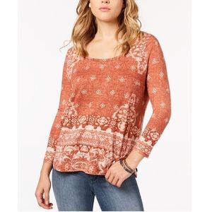 Lucky Brand Red Tribal Long Sleeve Shirt Scoop Neck Sz XS